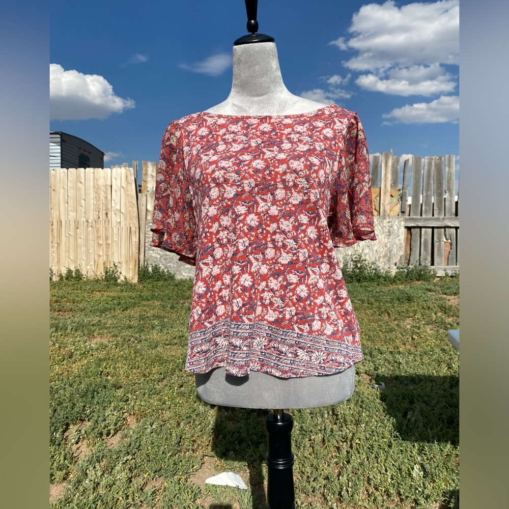 Lucky Brand Red Blue Floral Print Round Neck Flared Short Sleeve Tunic Sz M